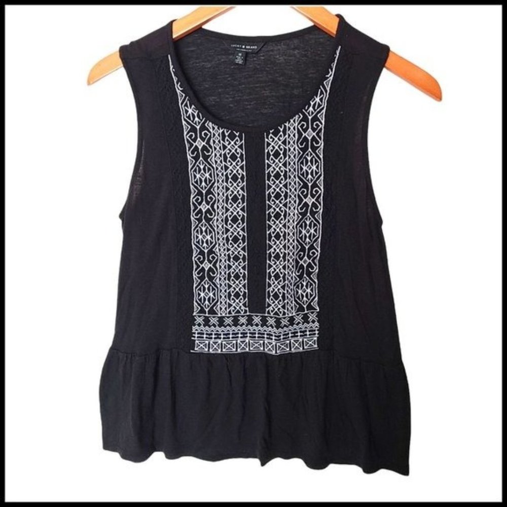 Lucky Brand Embroidered Peplum Top Black M Medium Sleeveless Scoop neck